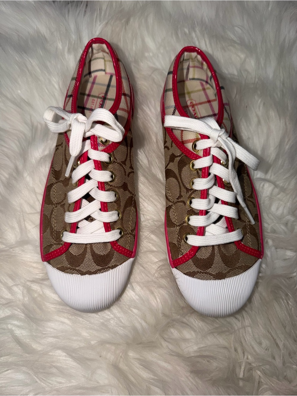 Coach Barrett Signature Logo Canvas Tennis Shoes Brown Red Leather Trim Size 7B
